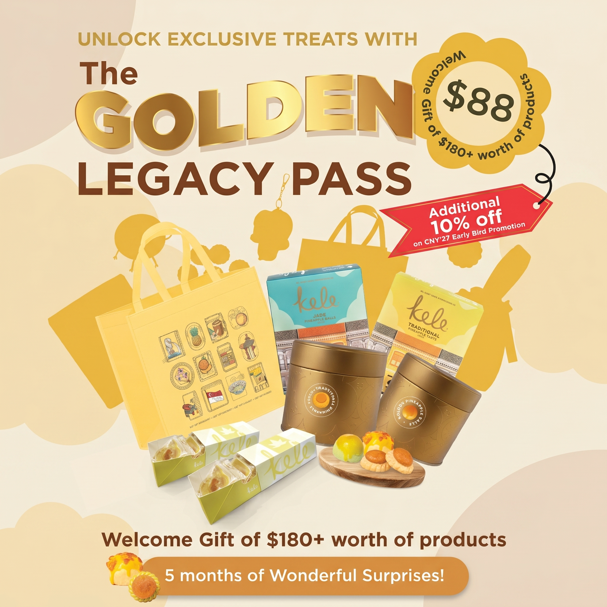 Promotional graphic for 'The Golden Legacy Pass' with product images and text on a beige background.